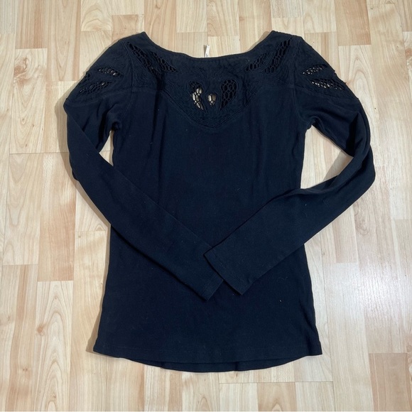 Free People Black Embroidered Yoke Stretch Cotton Tee, Medium Womens - Picture 6 of 6